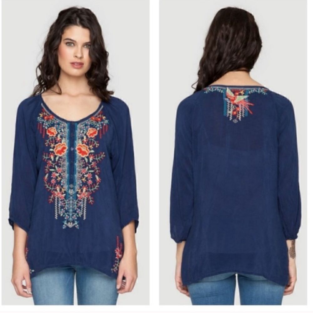 Johnny Was Olivia Blue Embroidered Boho Top Size Small Petite